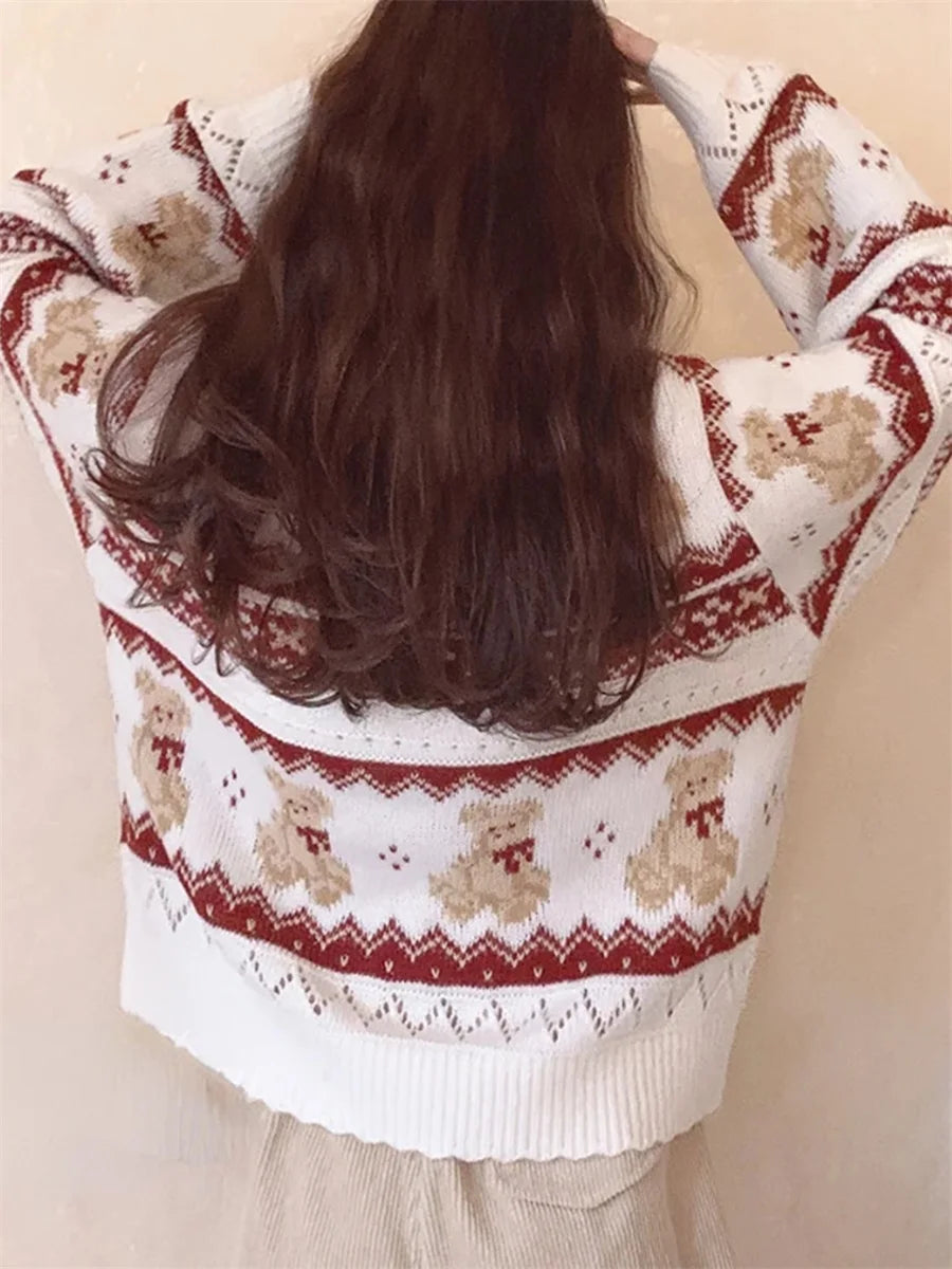 Women s Bear Print Cardigan Long Sleeve Drop Shoulder V-Neck Button Down Sweater Knit