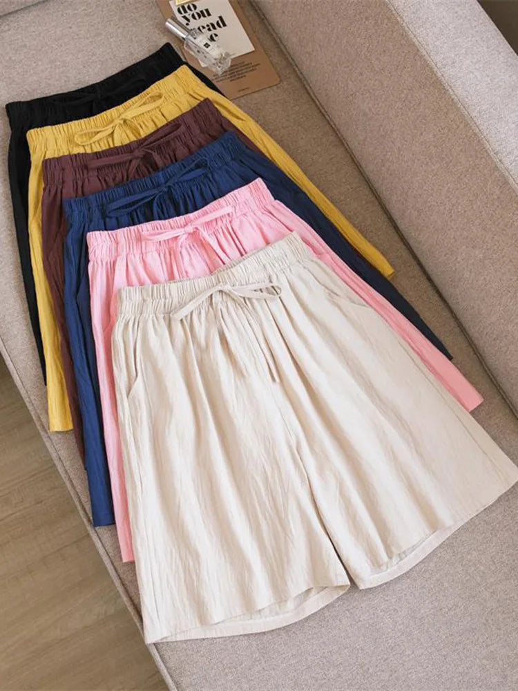 Cotton Shorts, Summer Casual Solid Two Pockets shorts high waist loose shorts  Soft Cool female shorts