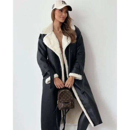 Faux Fur Thick Warm Jacket Ladies Long Sleeved Lapel Collar Elegant Soft Coat