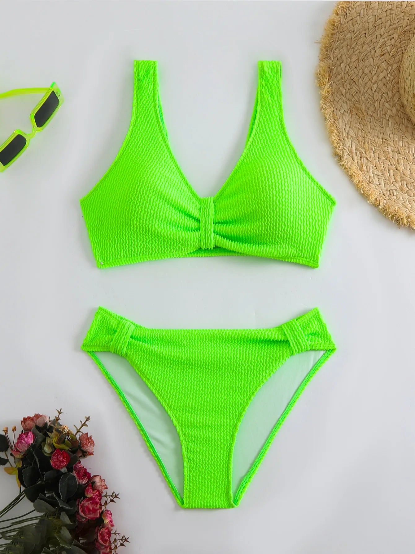 Summer Women's 2 Piece Swimsuit Solid Color High Waist Bikini Set V-neck Backless Beach Vacation Bathing Suit Swimwear
