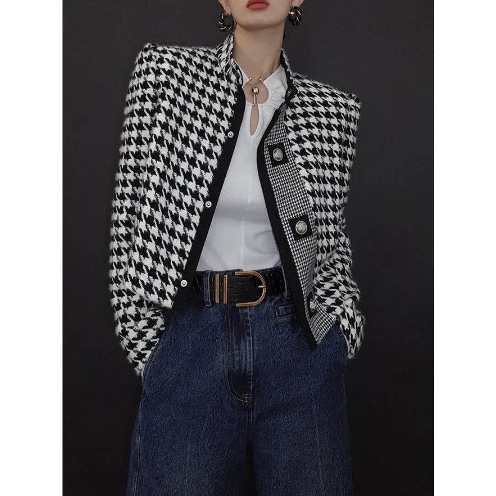 Houndstooth Classics Blazer Outerwear Vintage Stand Collar Long Sleeves