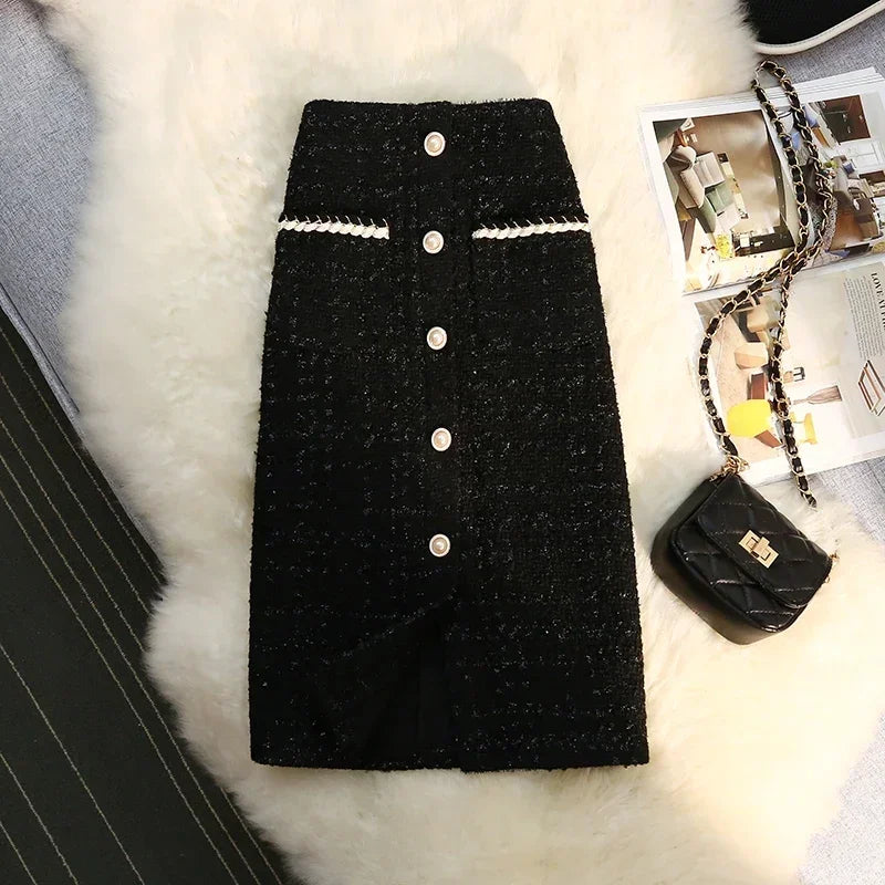 Tweed Long  Vintage High Waist A-line Wrap Skirt