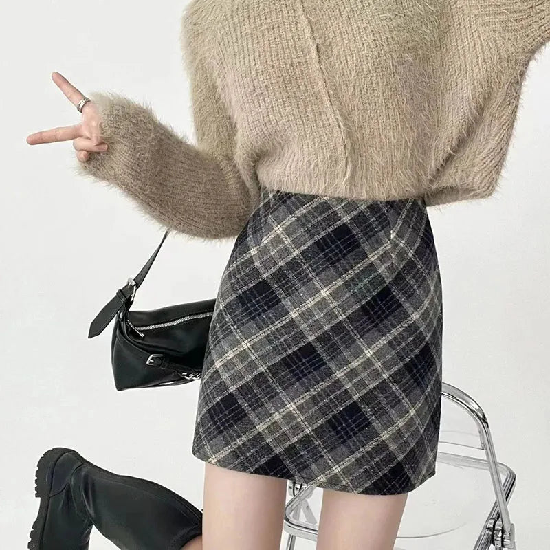 Woolen Plaid Mini Skirt  Retro High Waist A-Line  Tweed Skirt