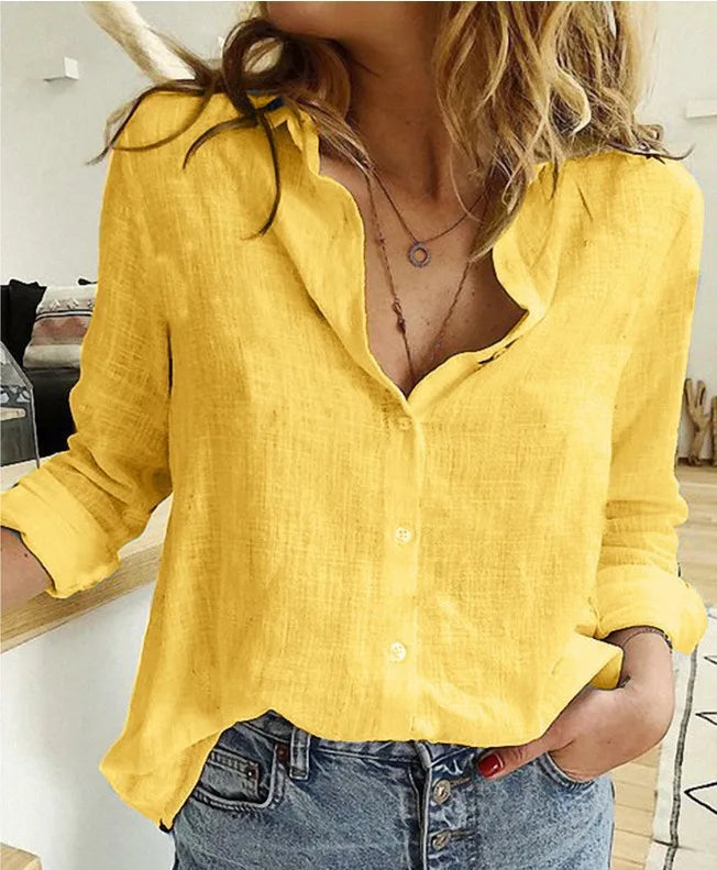 Elegant Cotton Linen Shirts Women Casual Solid Button Lapel Blouses Shirts  Long Sleeve Loose Tops