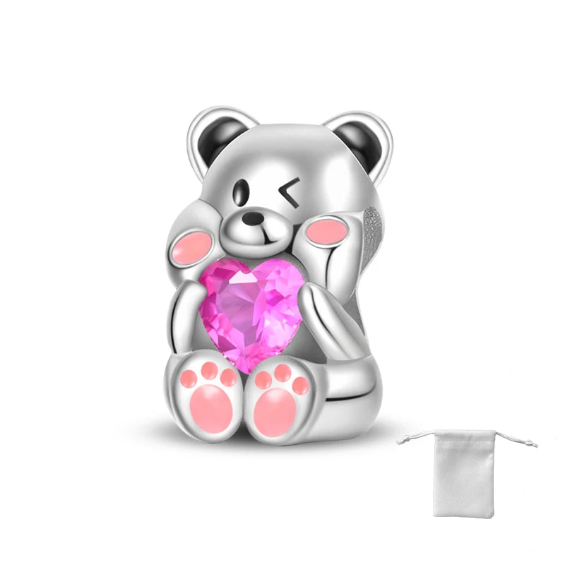 925 Sterling Silver Cartoon Cute Baby Bear Heart Shaped Beads Fit Pandora Original Bracelet