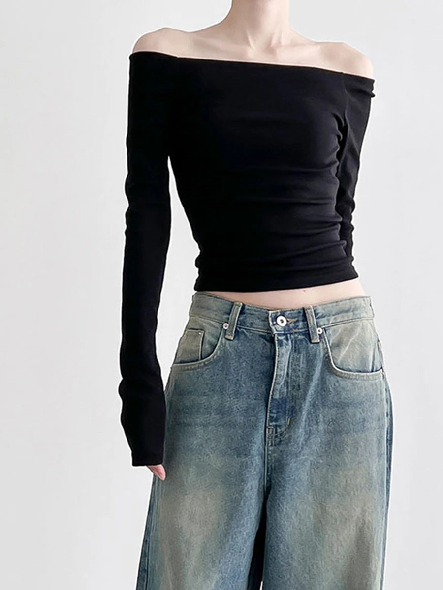Women Solid Color Short T-Shirt Boat Neck Long Sleeve Off Shoulder Shirts Spring Fall  Fit Tops Streetwear