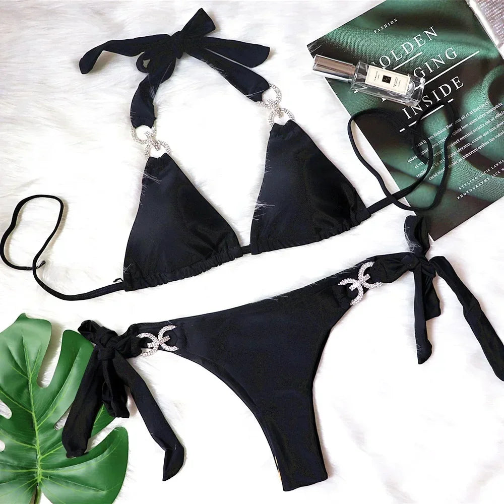Luxury Rhinestones Bikini Women Solid Color Bandage Cross Diamond Thong Beach Bathing Suit