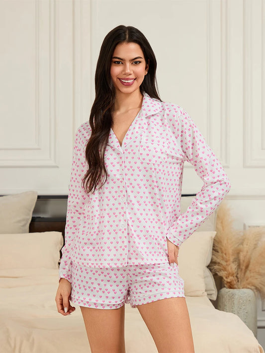 Pink Floral Print Pajama Set V-Neck Long Sleeve Button Down Top Drawstring Waist Shorts 2 Piece Lounge Outfits