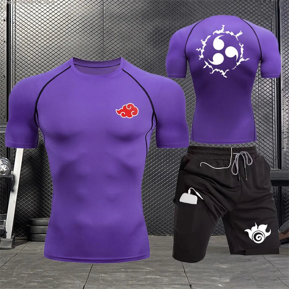 Jogging Breathable Compression Sportswear Summer Men's Training Two-piece Tight T-shirt Fitness Shorts Gym Workout Set S-3xl