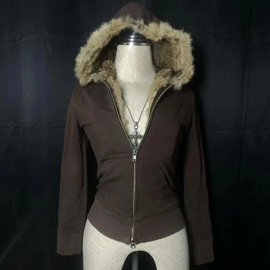 Sweater Fashion Oversized Knit  Vintage Streetwear Fur-lined hood