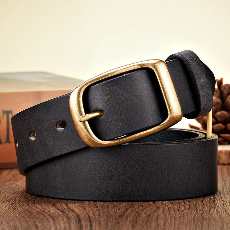 3.3CM High Quality Natural  Cow skin Genuine Leather Belt  Casual Copper Buckle