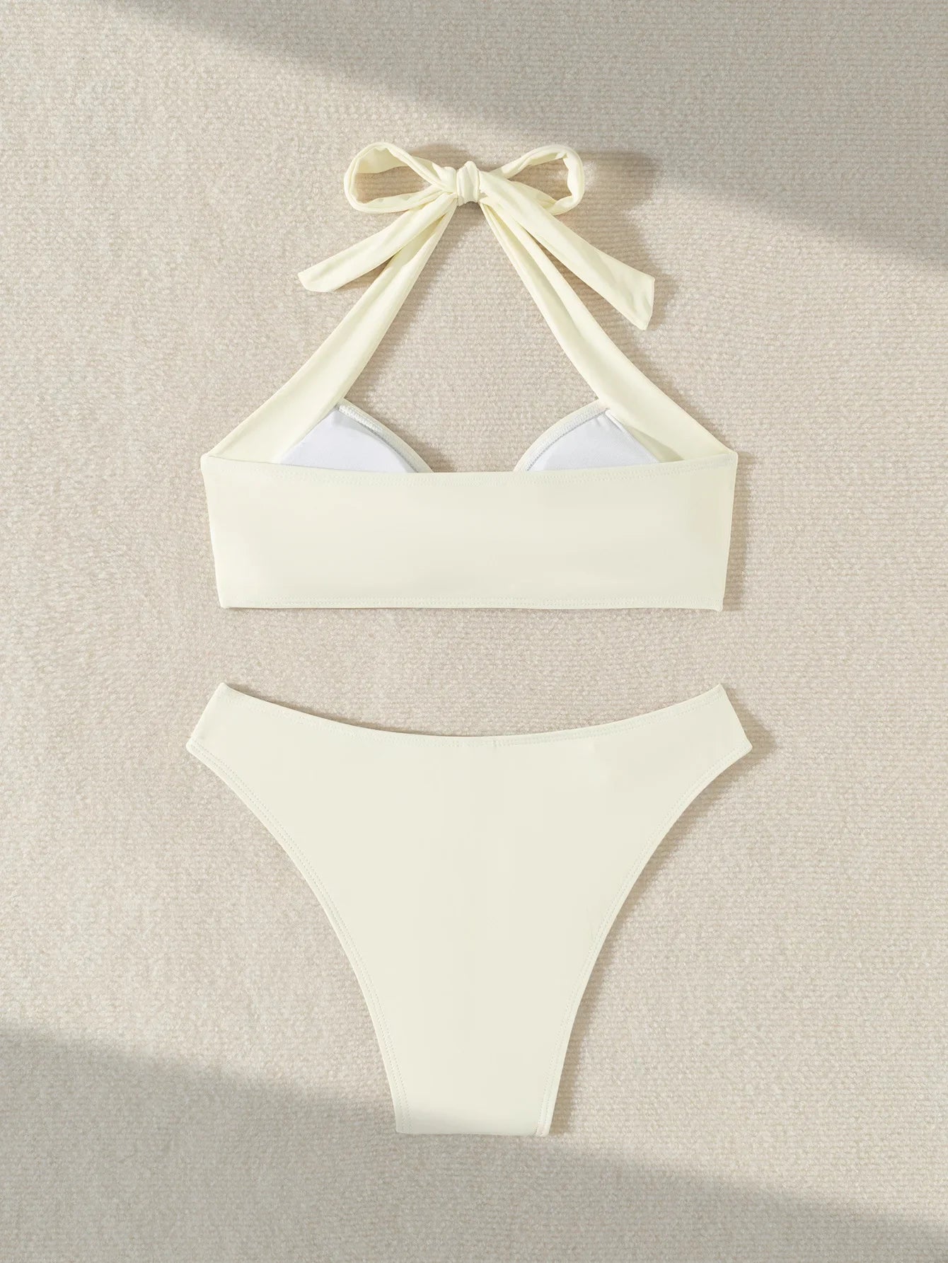 Solid Color White 2 Piece Swimsuit for Women  High Waist V-neck Suspender Halter Backless Bathing Suit