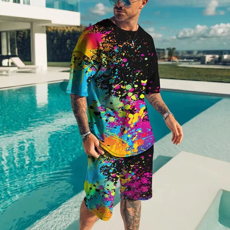Fashionable men's sportswear summer beach short sleeved 3D printed shirt set street wear T-shirt shorts men's loose size clothes