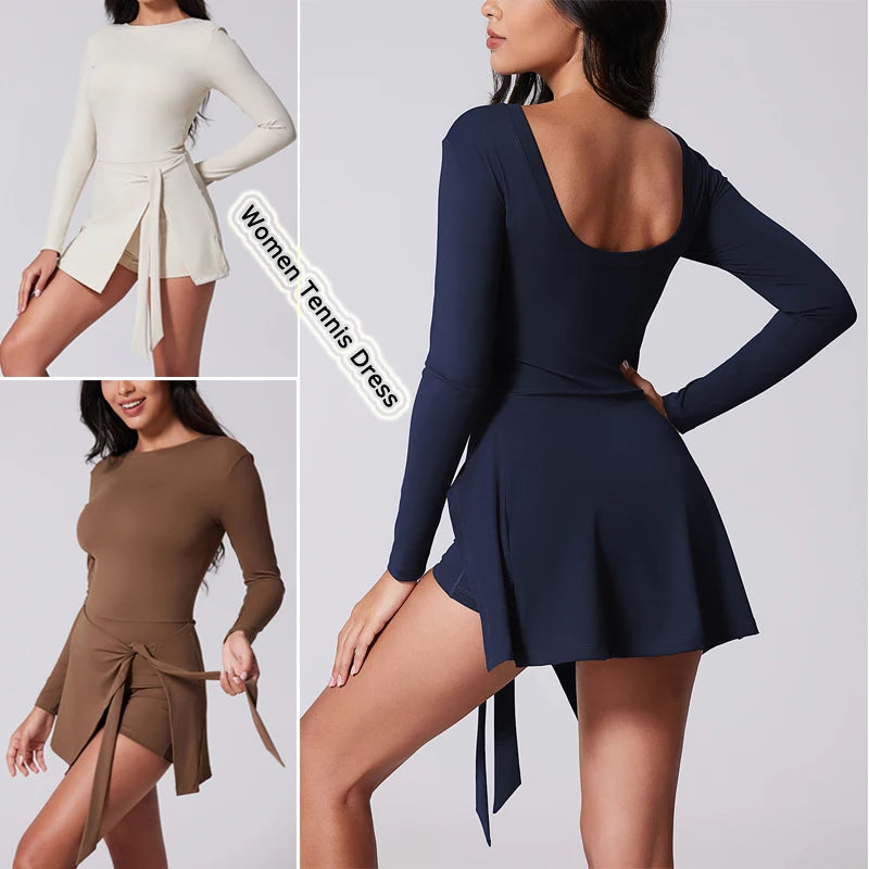 Women's O-Neck Tennis Dress Long Sleeve Sarong Wrap Skirt Built in Shorts Golf Athletic Dress Workout Rompers