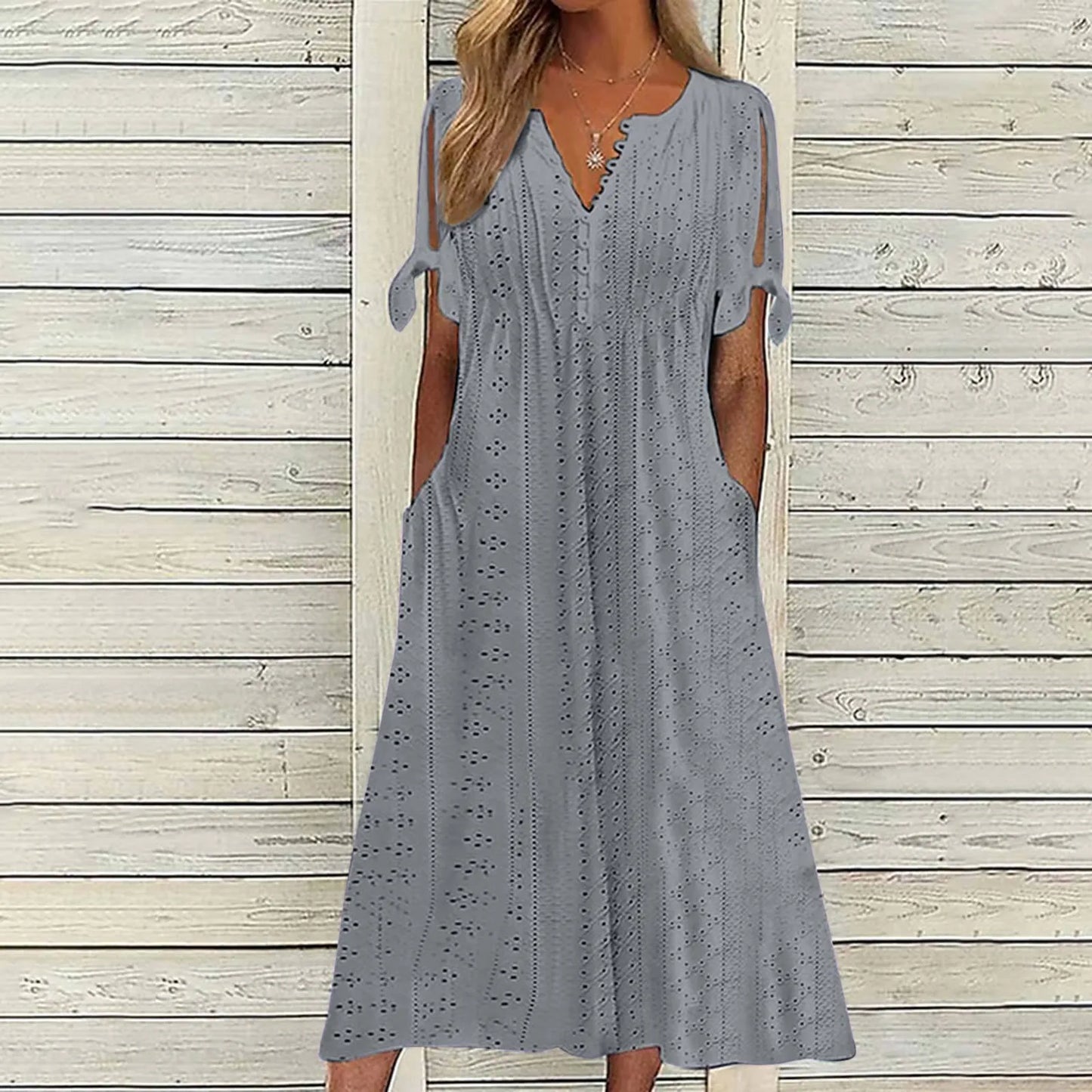 Dresses for Elegant Ladies Party Dresses Hollow Out Bow Short Sleeve Lace Waist Pocket Wedding Mother Dress