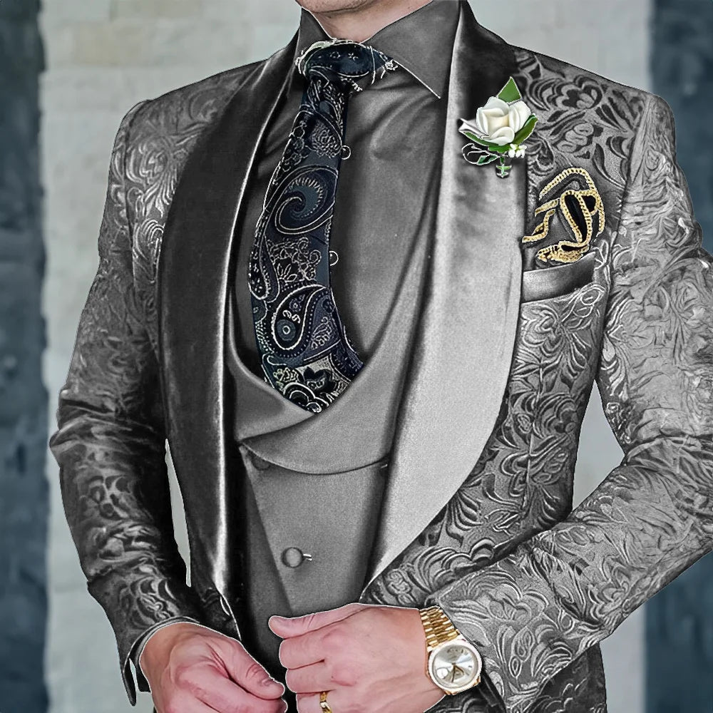 Jacquard Men's 3-piece Suit Set Formal Party Dress Groom's Tuxedo High Quality Elegant Men's Customized Outfit