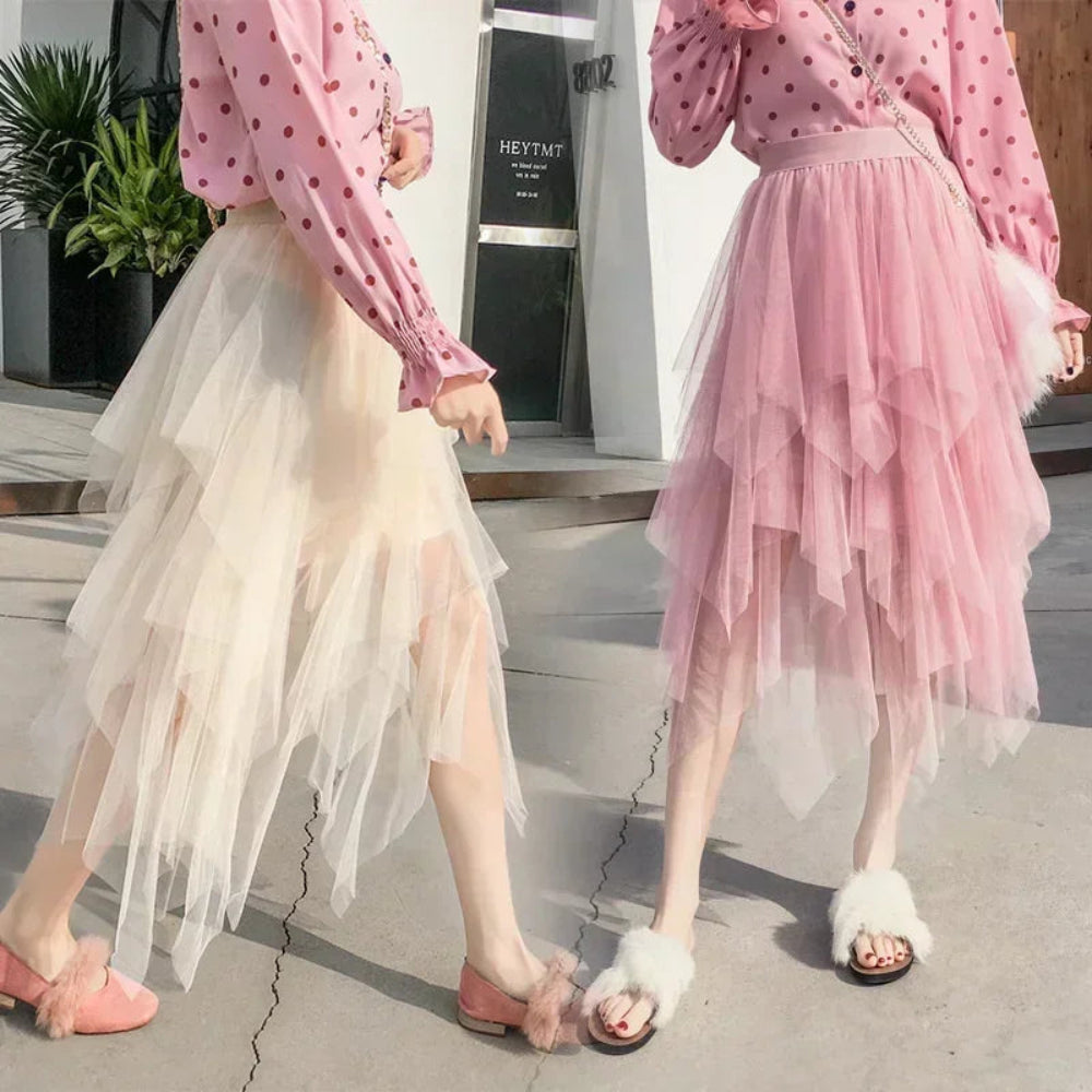Casual High Waist Midi Mesh Skirt