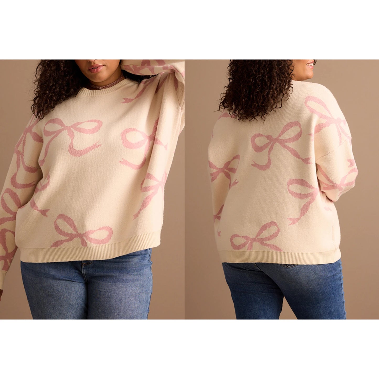Women s Plus Size Sweater Bow Print V-Neck Long Sleeve Pullover Knit