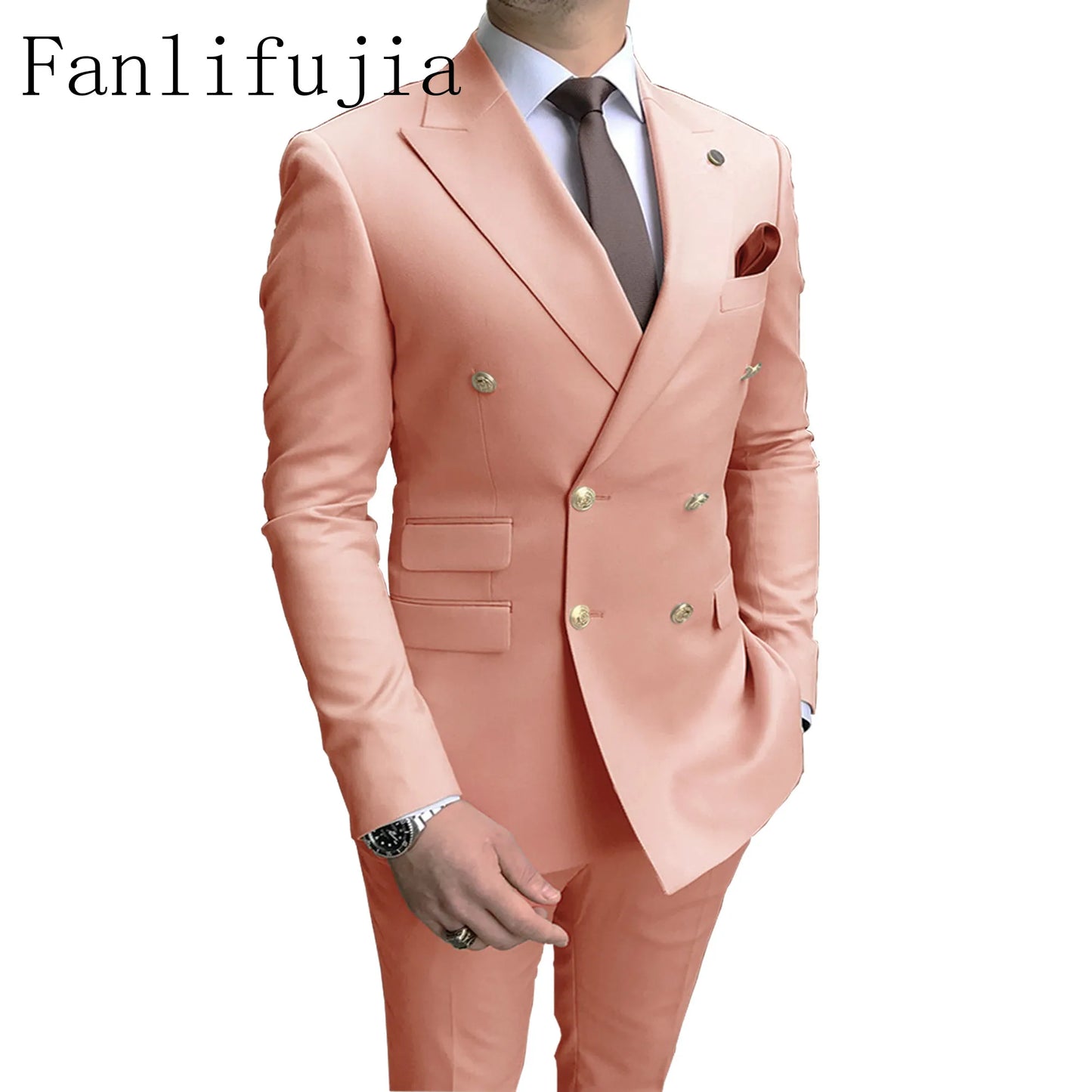 Men's Party Tuxedos 2 Pieces Latest Peak Lapel Men Suits Gold Buttons Fashion Style Suits Double Breasted