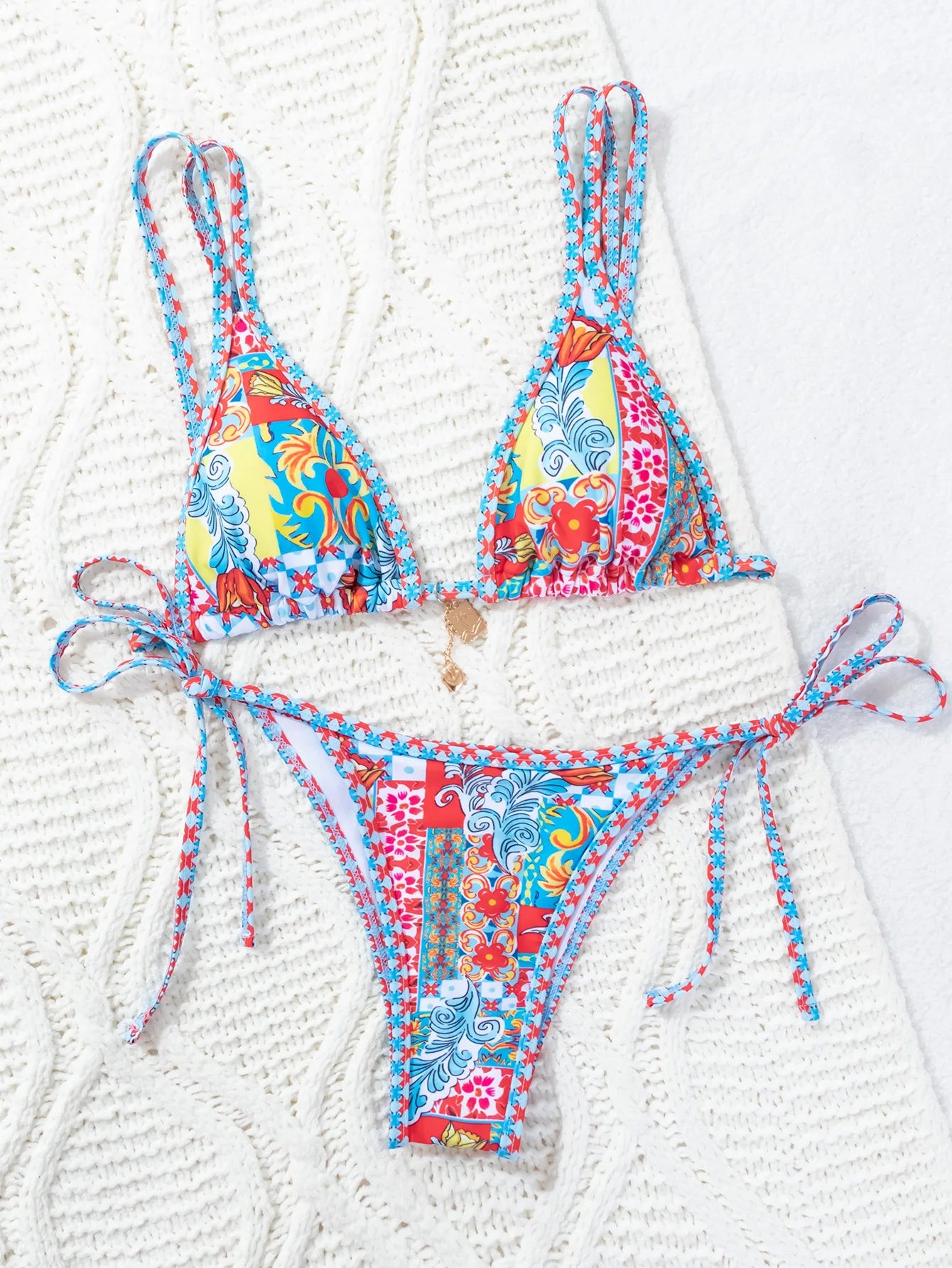 Colorful Printed Bikini Set for Women  Thong Triangle Bra 2 Piece Swimsuit Suspender Backless