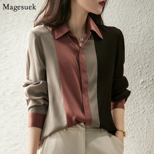 Women Satin Button Blouse Autumn Vintage Long Sleeve Polo Collar Women Shirt Elegant Loose Tops