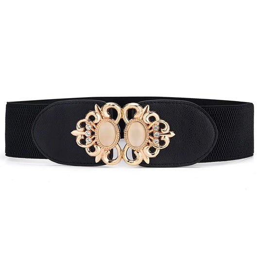 Women's Fashionable Golden Imitation Gemstone Shape Elastic Waist Closure With Double Hook Buckle Wide Belt
