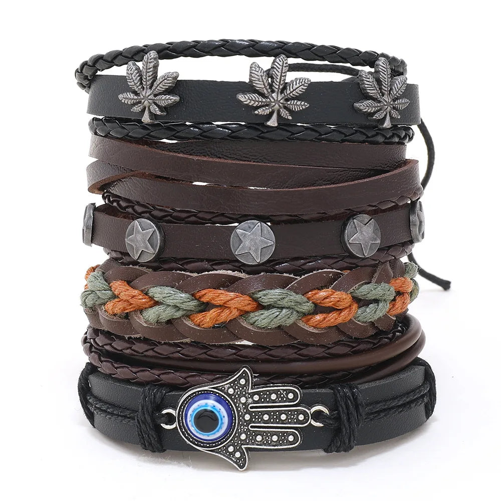 1 Fashion Bracelet Viking  Bracelet For Men Hand Bracelets Woven Skull Hand Jewelry Adjustable Leather Set Bracelet