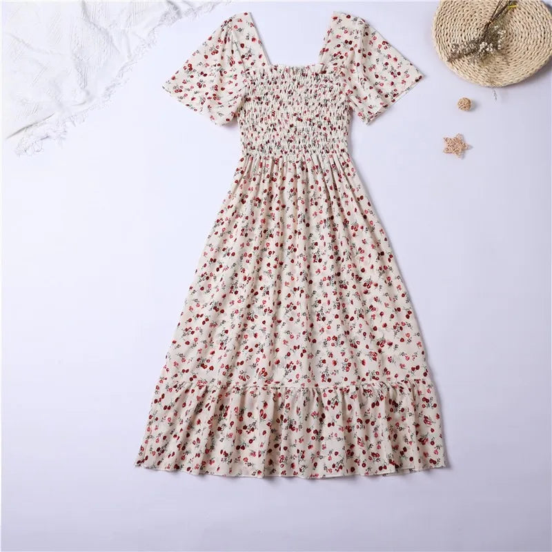 Spring Summer Chiffon Dress Women Midi Dresses Female Short Sleeve Elastic Waist Printed Floral Pleated  Casual Dress