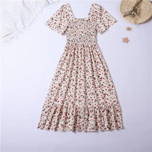 Spring Summer Chiffon Dress Women Midi Dresses Female Short Sleeve Elastic Waist Printed Floral Pleated  Casual Dress