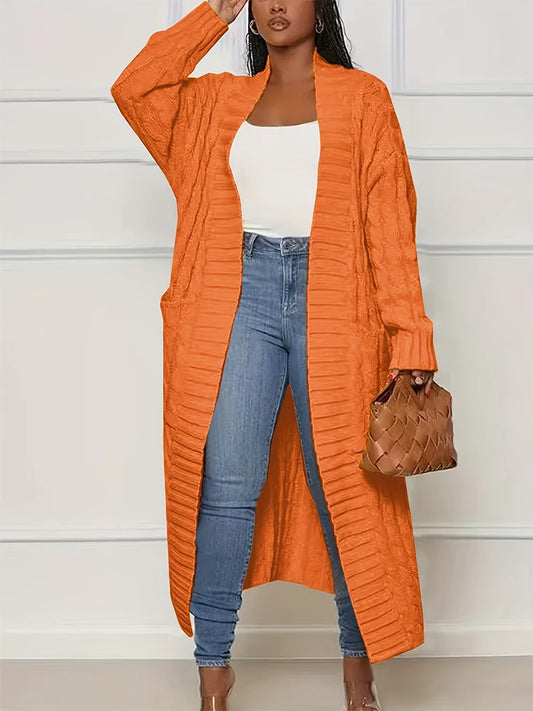 Autumn and Winter Fashion Women's Long Cardigan Sleeve Pocket Solid Colour Relaxed Sweater Acrylic Material