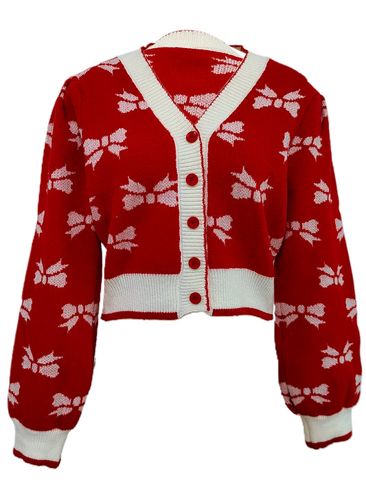Women s V-Neck Button Up Cardigan with Long Puff Sleeves and Bow Print Detail - Cozy Knit Sweater