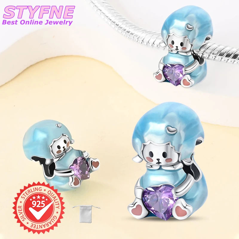 925 Sterling Silver Cartoon Cute Lamb Heart Shaped Beads Fit Pandora Original Bracelet Charms