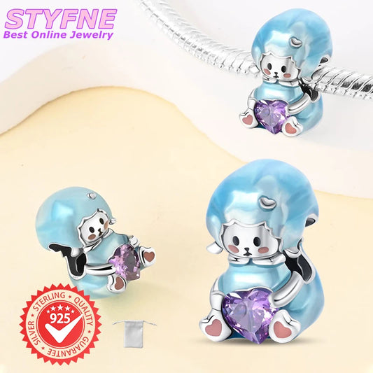 925 Sterling Silver Cartoon Cute Lamb Heart Shaped Beads Fit Pandora Original Bracelet Charms