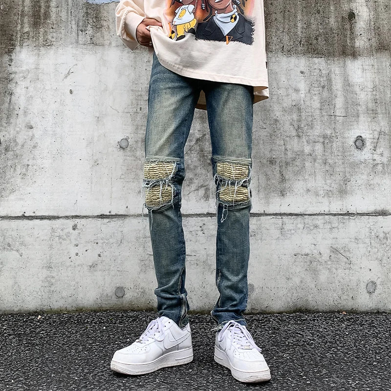 American Vibe style high street tide side zipper straight jeans men's and women's European and American hip hop slim-fitting trousers