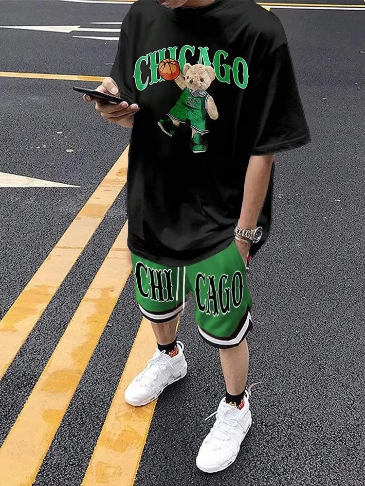 Cartoon Bear 3D Printed Men's Round Neck Short Sleeve 2-piece Set Urban Street Trendy Men's Top Outdoor Men's Drawstring Shorts