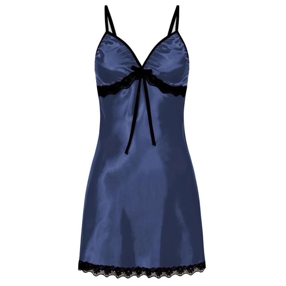 2-Piece Lingerie Set Sheer Lace Front with Bow Detail Deep V-Neck Nightgown Matching Thong Intimate