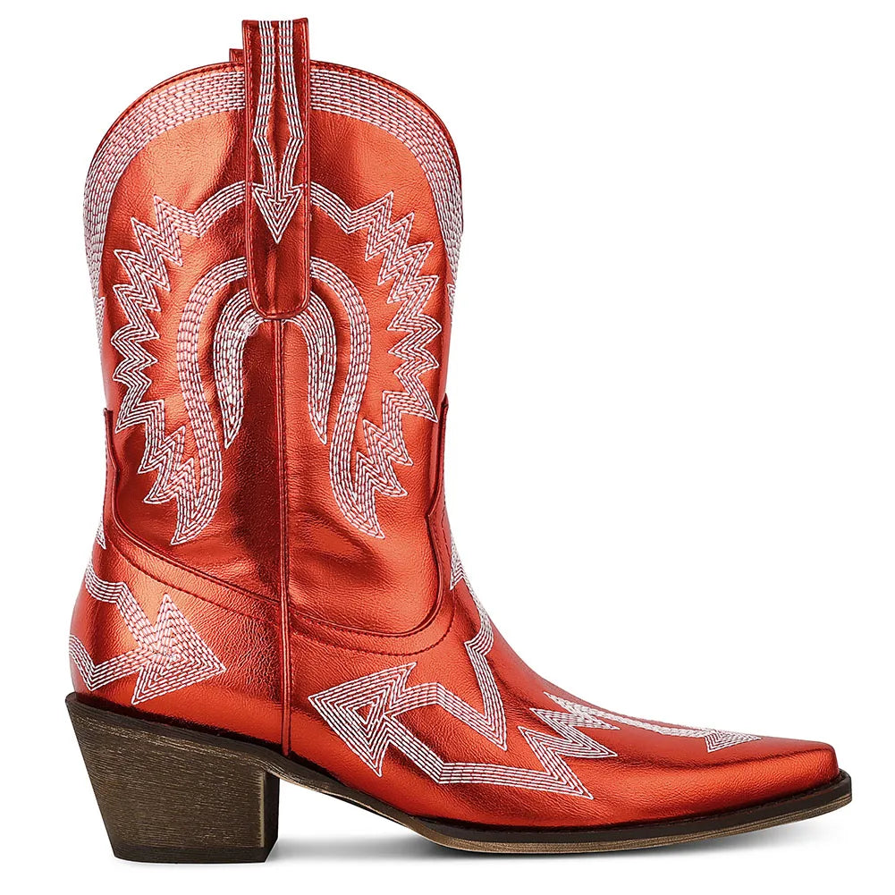 Metallic Cowboy Boots Embroider Pointed Toe Chunky High Heels Pull On Vintage Wide Calf