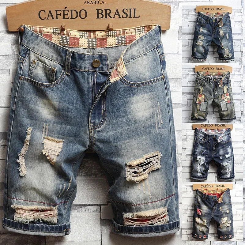 Summer Shorts Jeans Vintage Ripped Short Jean Streetwear Fashion Hole Straight Slim Denim Shorts