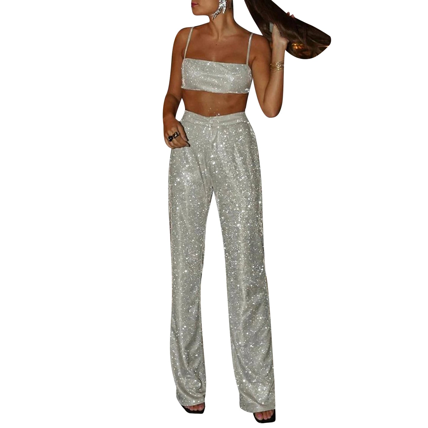 Women s Sleeveless Tank Top and Skinny Pants Set High Waist Spaghetti Strap Outfit with Shiny Metallic Finish Stretchy