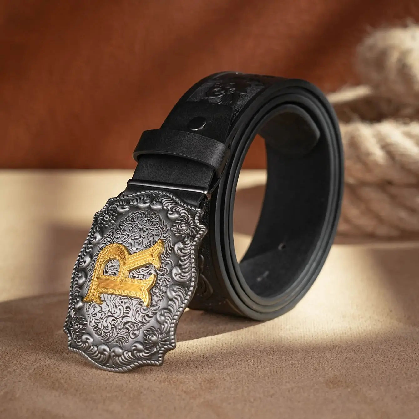 Western Cowboy PU Leather Belt  Waist Strap Bull Decoration Floral Engraved for Jeans