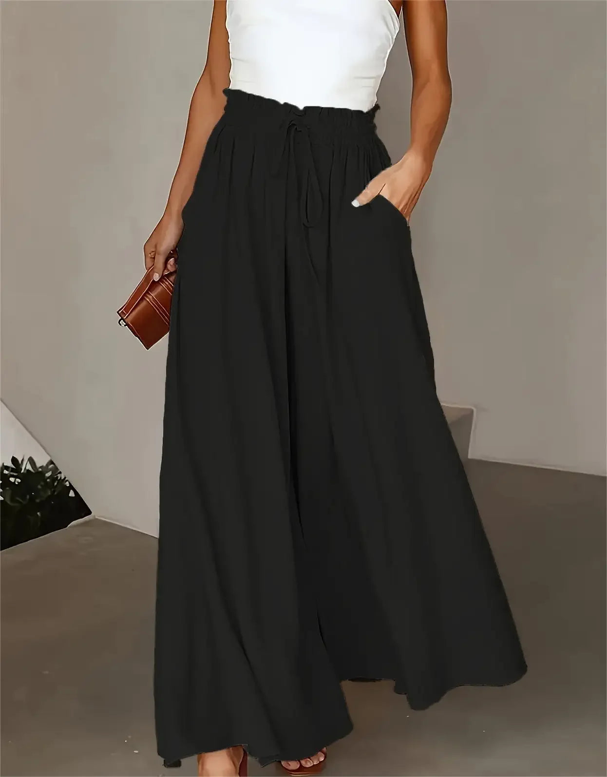 Plus Size Wide Leg Pants Comfortable Slight Stretch Fabric Elegant Solid Color Design Pocket Details Drawstring Elastic