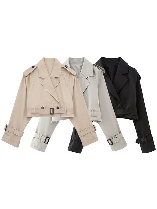 Women Fashion With Belt Cropped Trench Jacket Vintage Notched Neck Long Sleeve Female Chic Lady