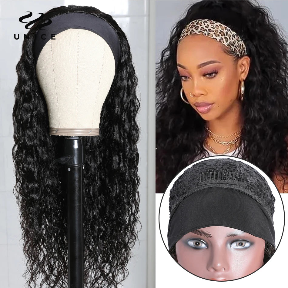 UNice Hair Water Wave Headband Wig 100% Human Hair Wigs Ready To Wear Beginner Friendly Glueless Wigs Send Free Headband Scarf
