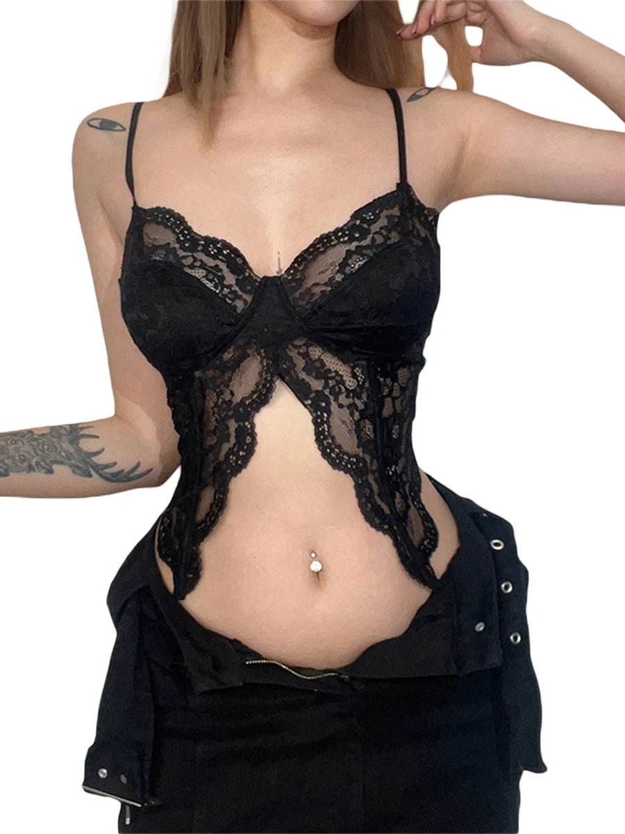Elegant Floral Lace Sleeveless Camisole with Sheer Slit Detail  Bralette for Nightclub Party or Date Night