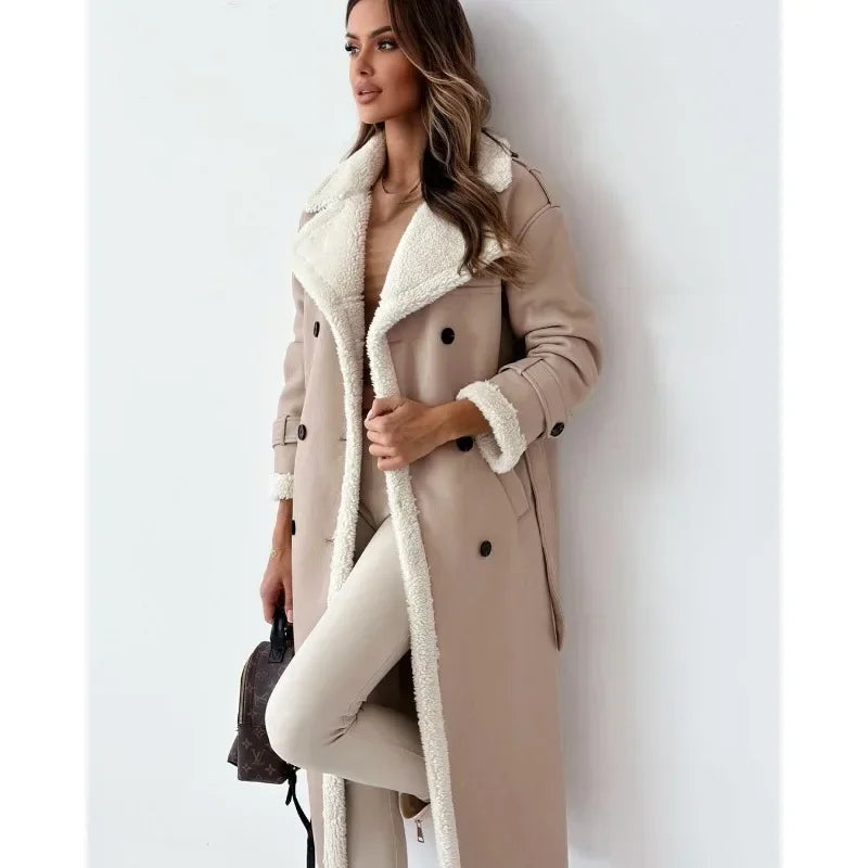 Faux Fur Thick Warm Jacket Ladies Long Sleeved Lapel Collar Elegant Soft Coat