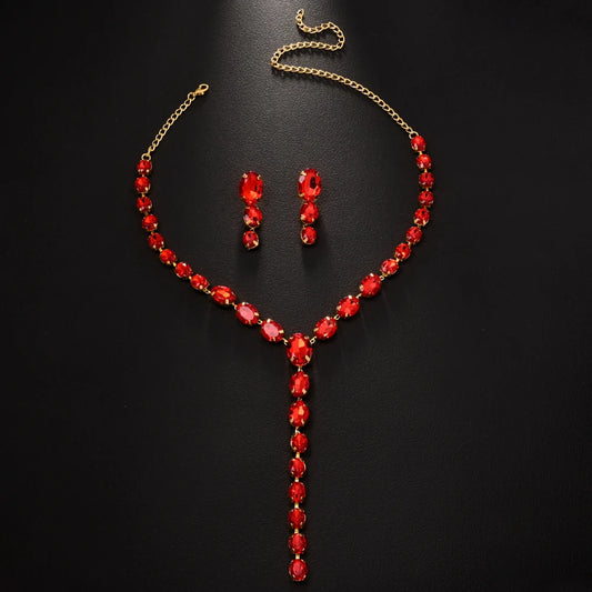 Red Y Shape Necklace Earring Set  Rhinestone Crystal Design