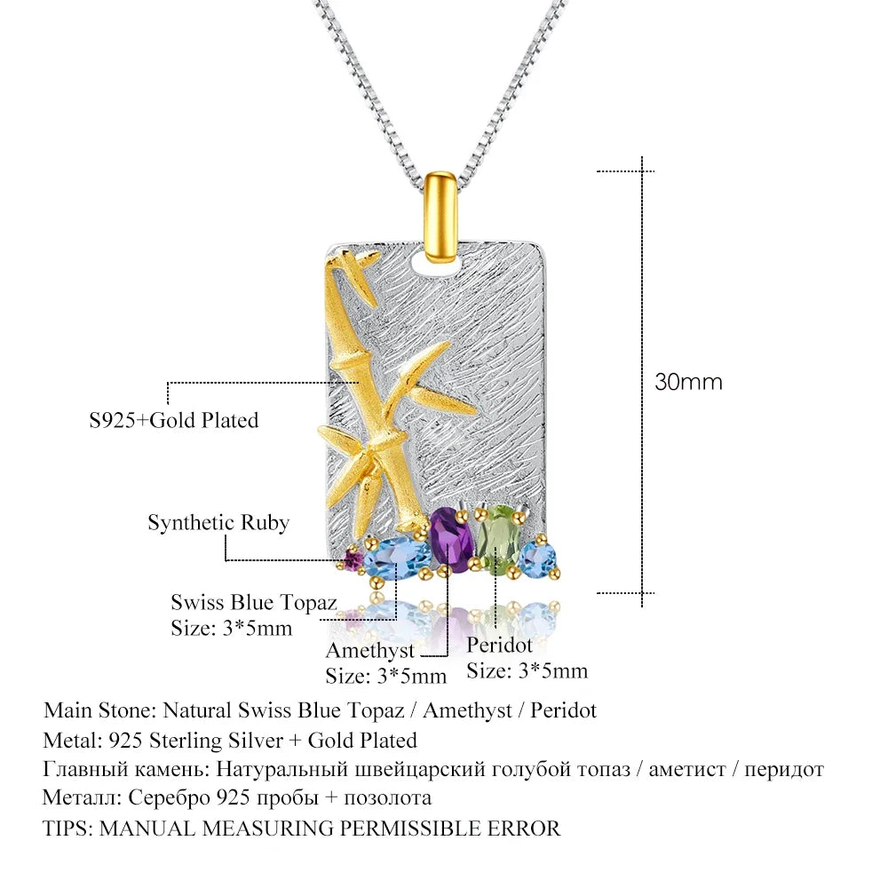 Natural Topaz Amethyst Peridot Fine Jewelry 925 Sterling Silver Handmade Bamboo Pendant Necklace