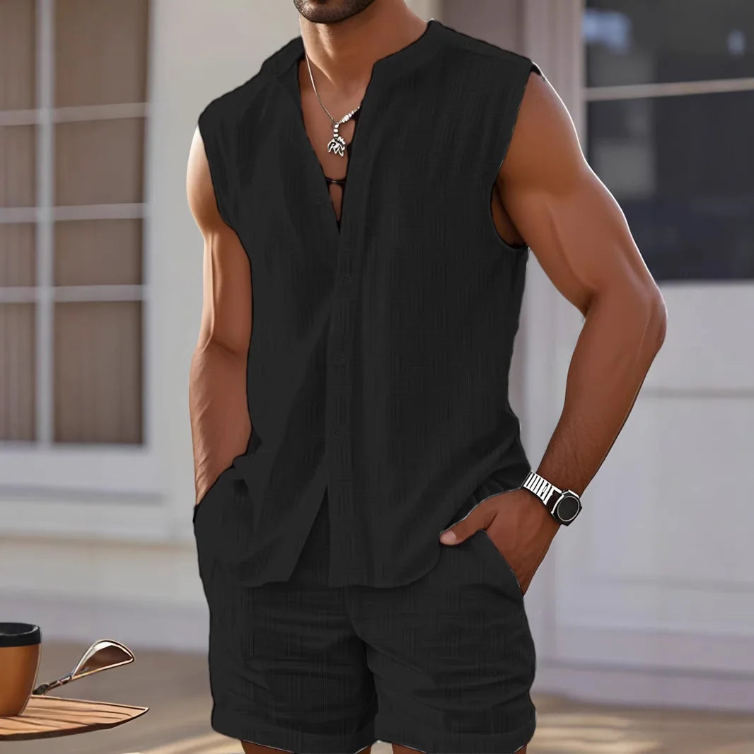 European and American 2pcs vest shirt shorts fashionable casual set loose sleeveless top sports beach shorts summer men