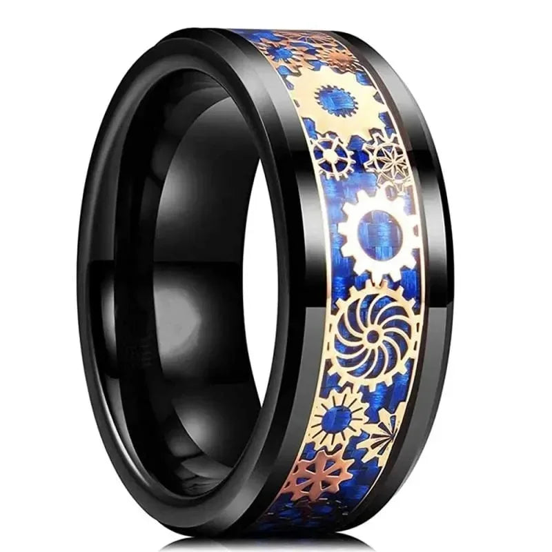 Fashion Steampunk Gear Wheel Men Stainless Steel Ring Inlay Carbon Fiber Rings For Men Rock