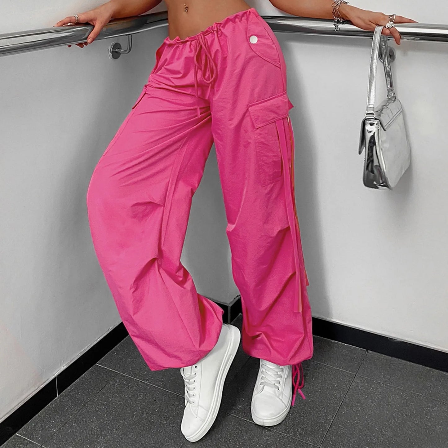 Women's Pants Streetwear Casual Hip Hop Elastic Waist Cargo Pants Drawstring Lace Up Trousers